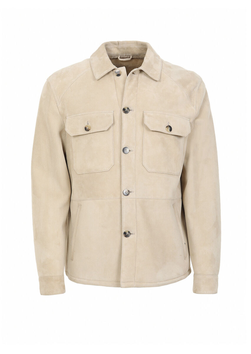 Bej Regular Fit Gömlek Yaka Casual Kürk Deri Mont - 6