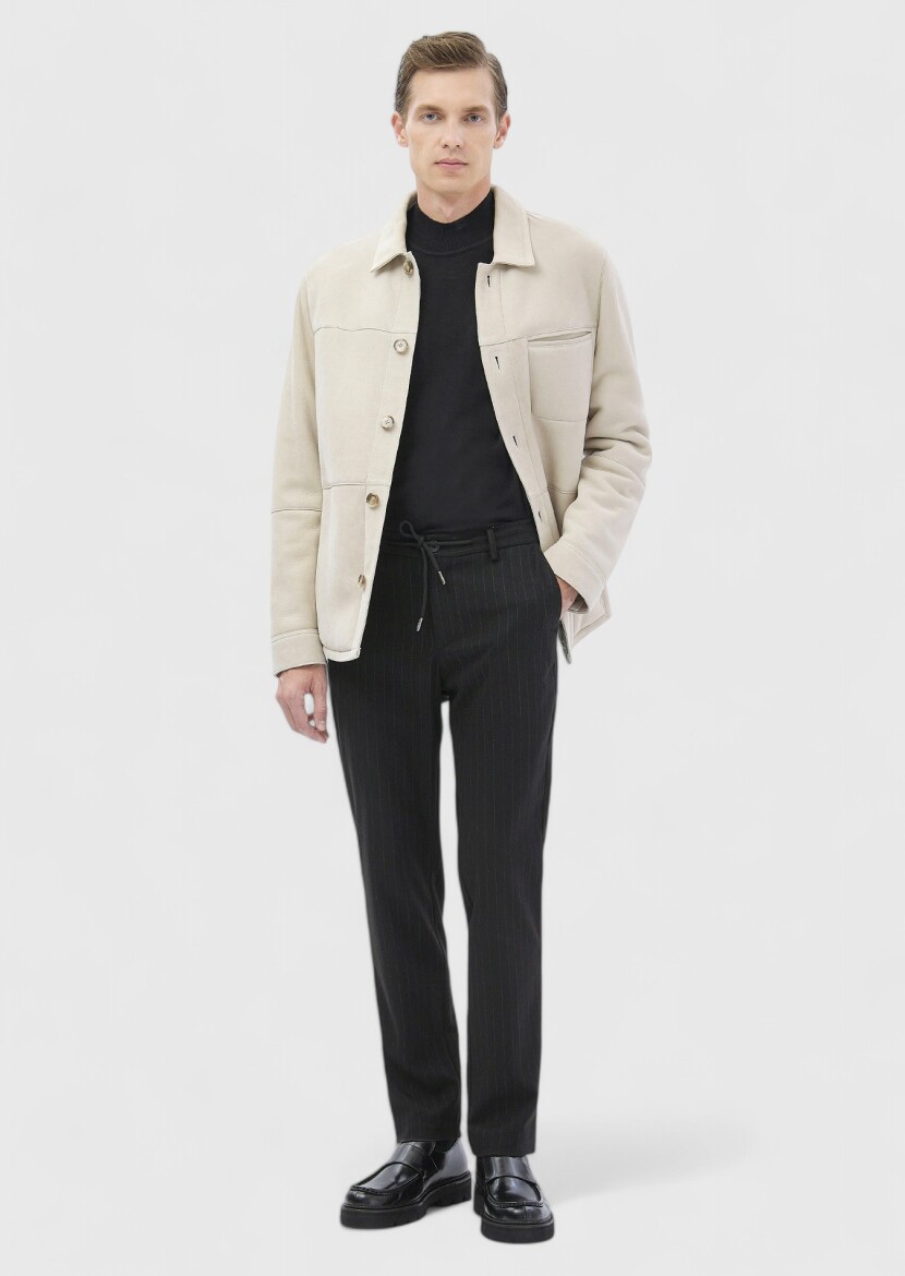 Bej Regular Fit Gömlek Yaka Casual Kürk Deri Mont - RAMSEY