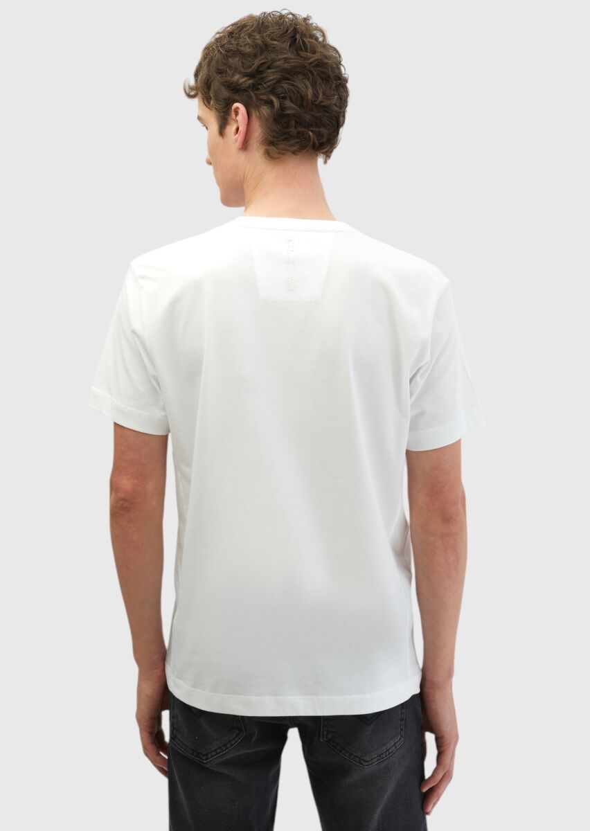 Beyaz Baskılı Bisiklet Yaka %100 Pamuk T-Shirt - 5
