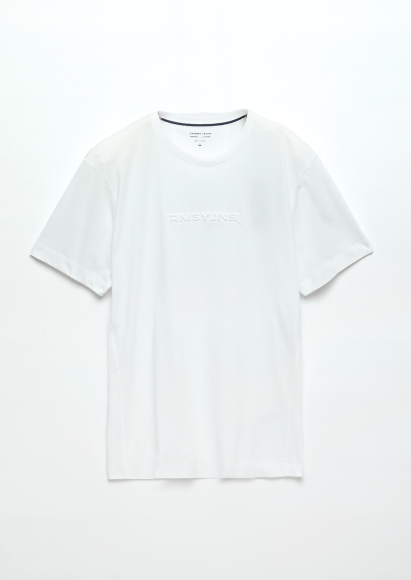 Beyaz Baskılı Bisiklet Yaka %100 Pamuk T-Shirt - 6