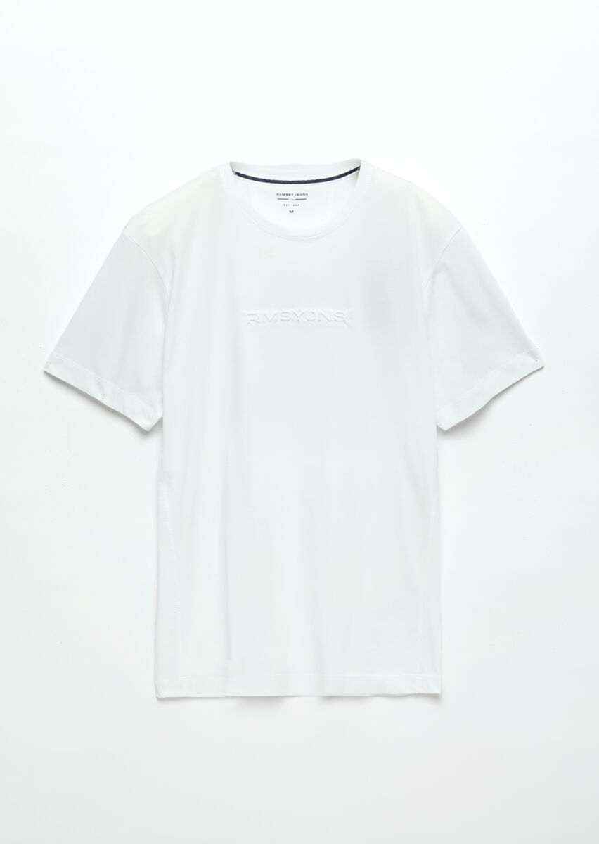 Beyaz Baskılı Bisiklet Yaka %100 Pamuk T-Shirt - 6