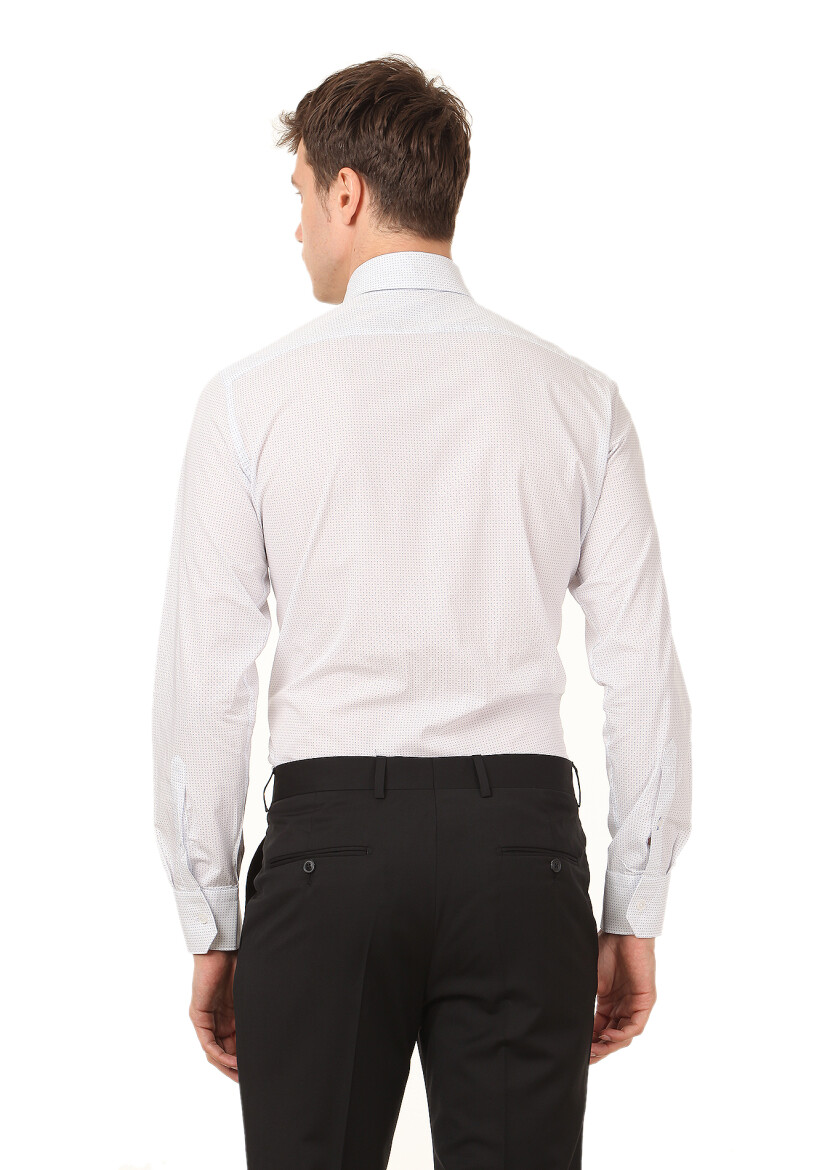 Beyaz Baskılı Regular Fit Dokuma Klasik %100 Pamuk Gömlek - 4