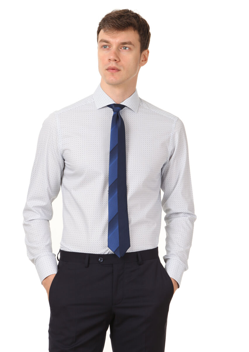 Beyaz Baskılı Slim Fit Dokuma Klasik %100 Pamuk Gömlek - 1