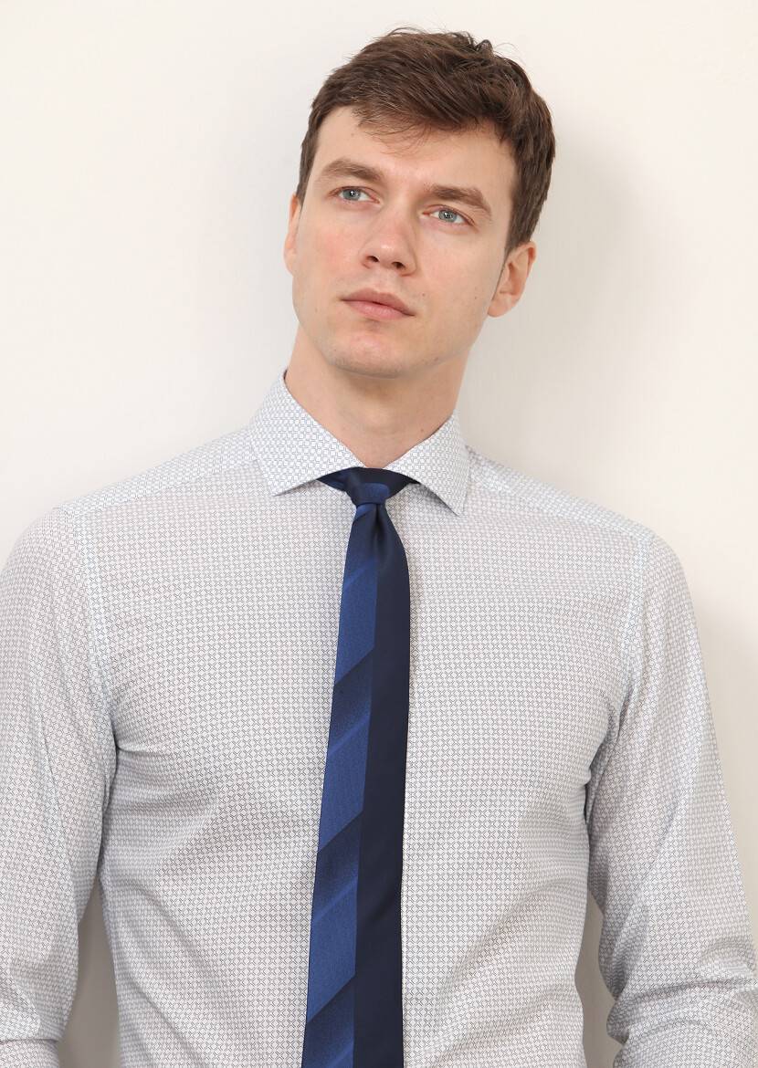 Beyaz Baskılı Slim Fit Dokuma Klasik %100 Pamuk Gömlek - 2