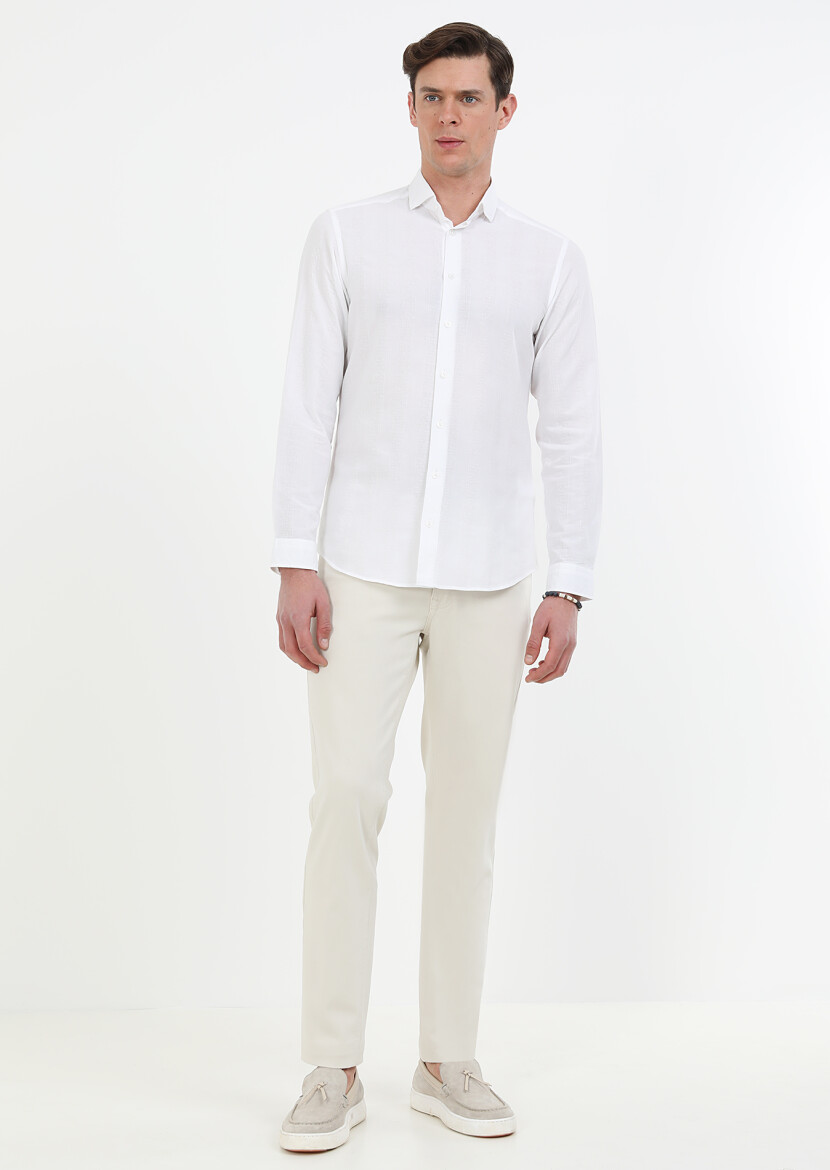 Beyaz Çizgili Slim Fit Dokuma Casual %100 Pamuk Gömlek 
