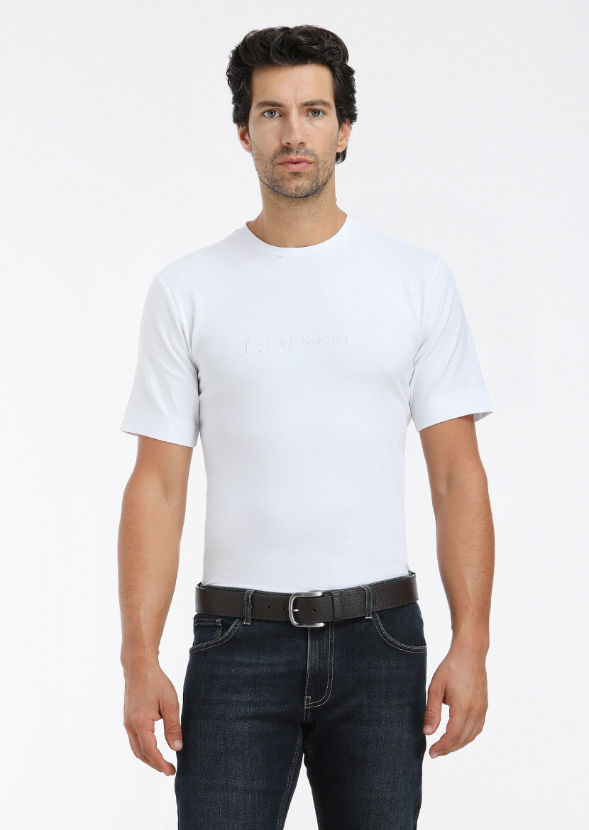 Beyaz Desenli Bisiklet Yaka %100 Pamuk T-Shirt 