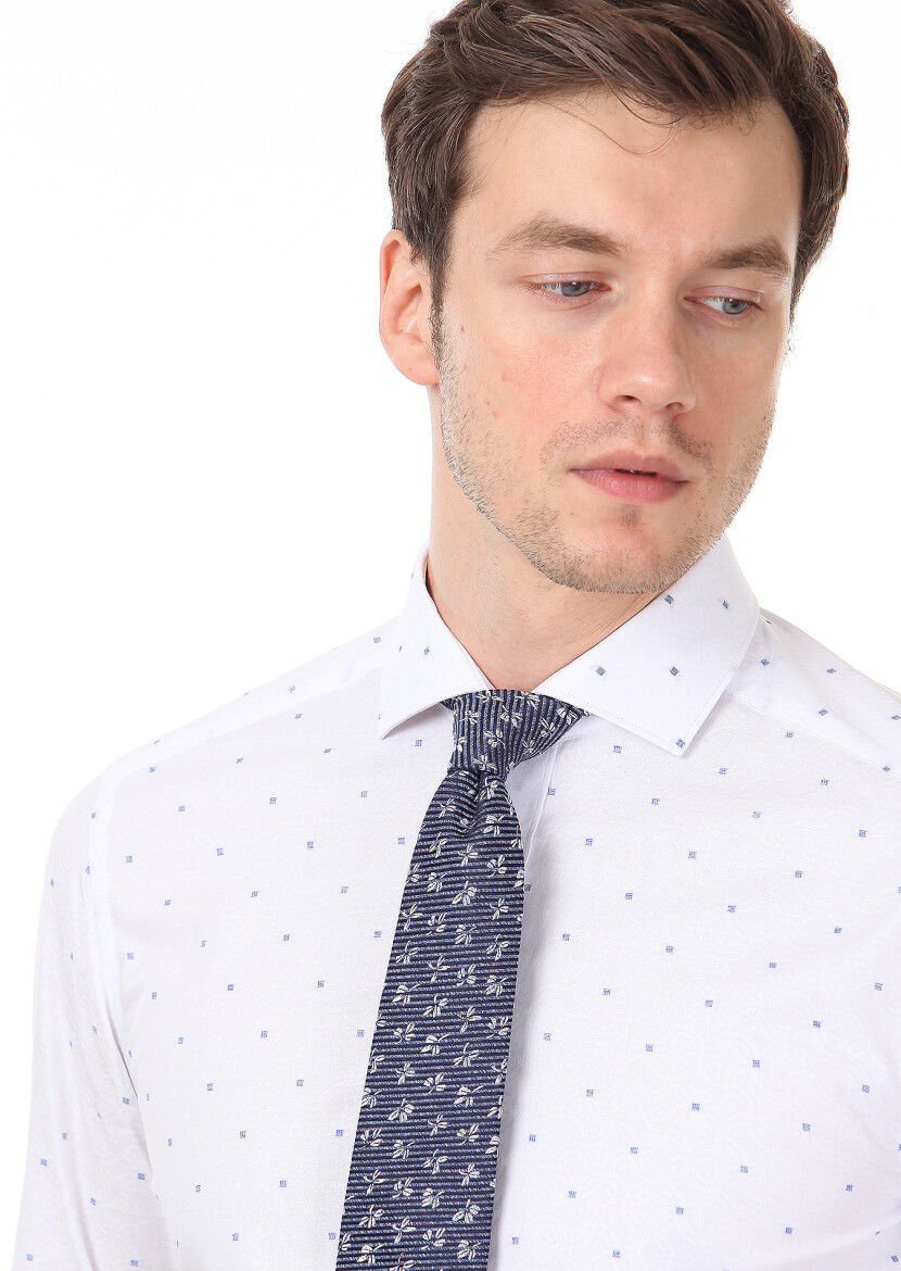 Beyaz Desenli Slim Fit Dokuma Klasik %100 Pamuk Gömlek 