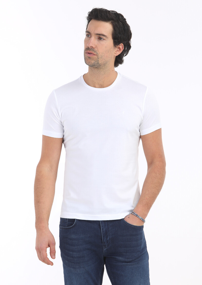 Beyaz Düz Bisiklet Yaka %100 Pamuk T-Shirt 