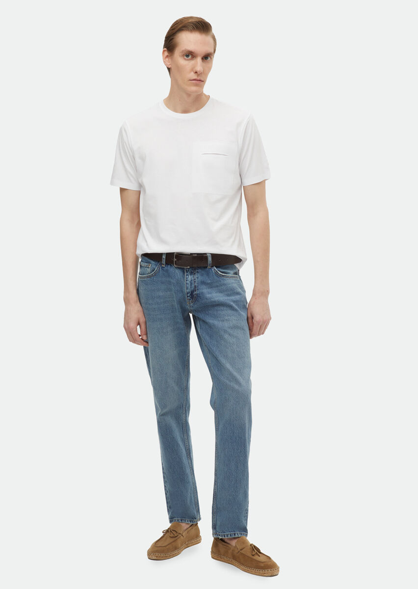 Beyaz Düz Bisiklet Yaka %100 Pamuk T-Shirt - 1