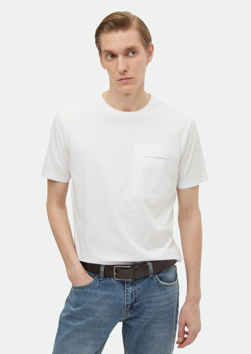 Beyaz Düz Bisiklet Yaka %100 Pamuk T-Shirt - 2