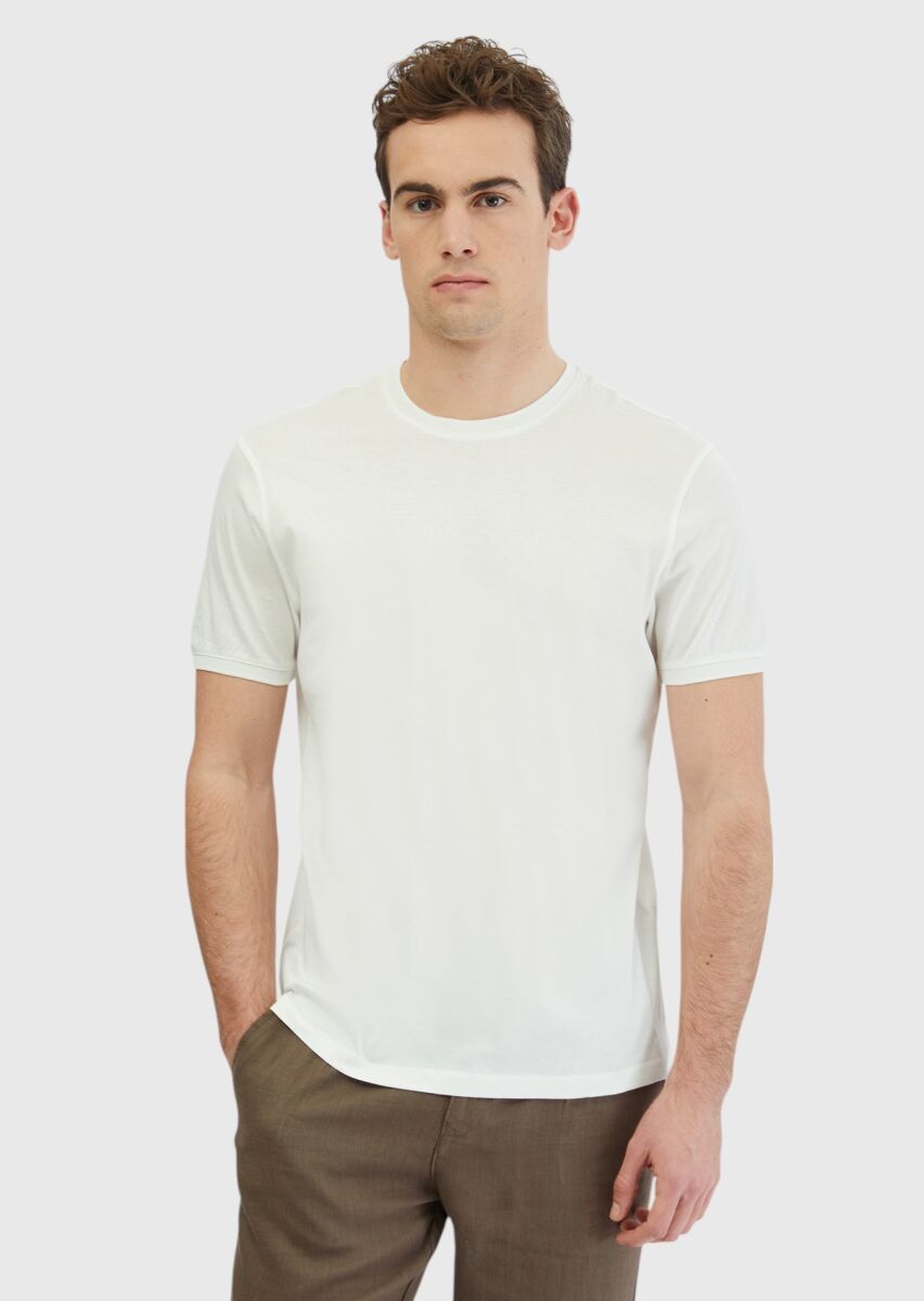 Beyaz Düz Bisiklet Yaka %100 Pamuk T-Shirt - 1