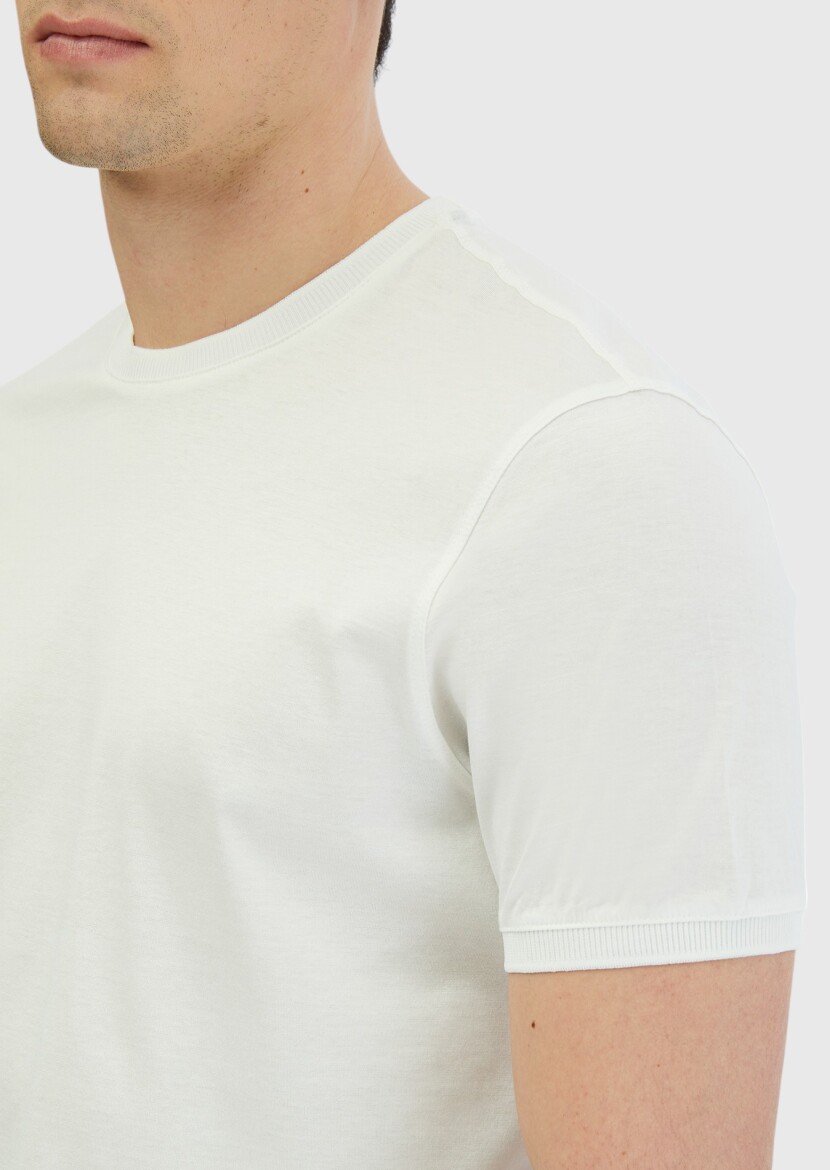 Beyaz Düz Bisiklet Yaka %100 Pamuk T-Shirt - 4