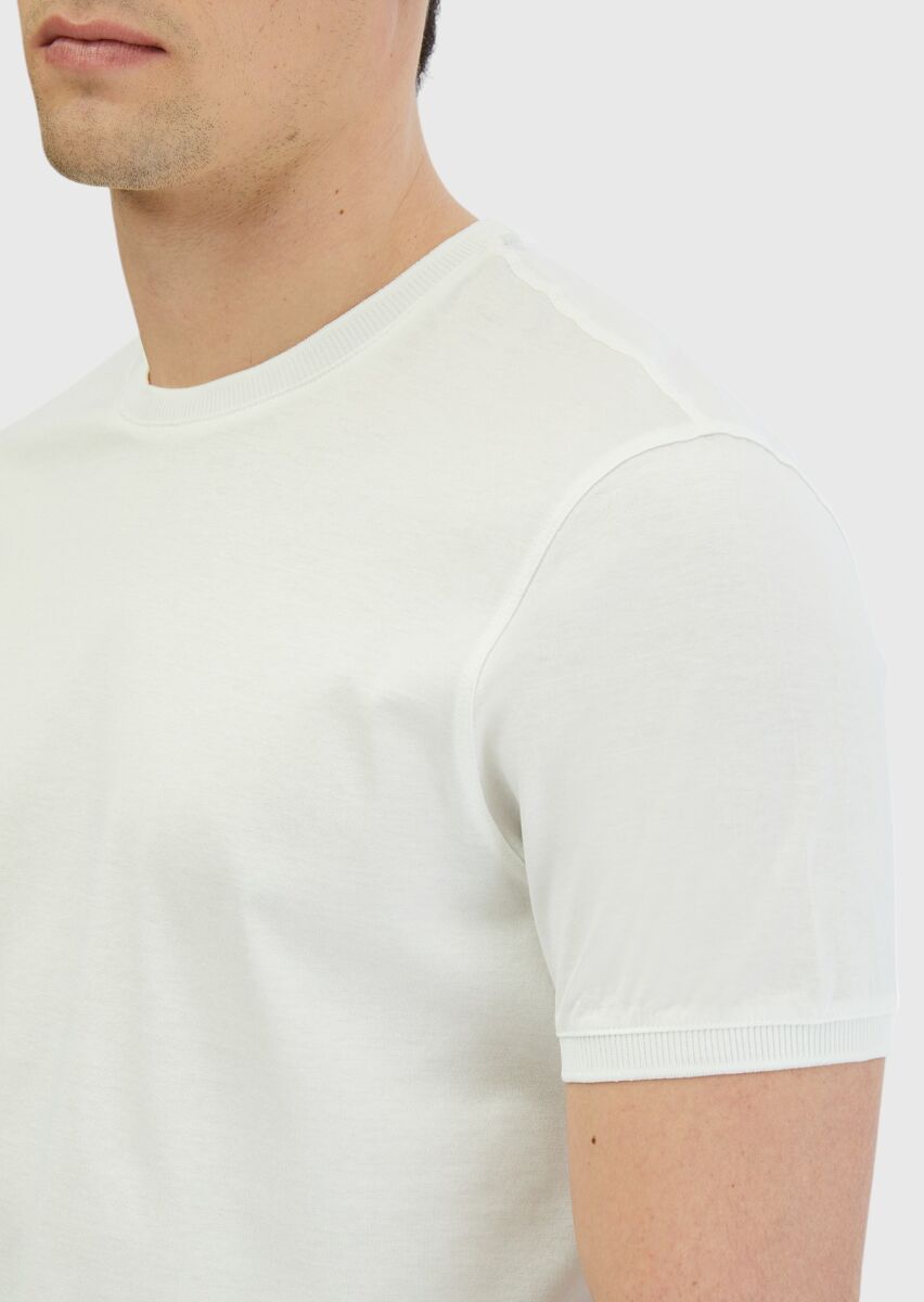 Beyaz Düz Bisiklet Yaka %100 Pamuk T-Shirt - 4