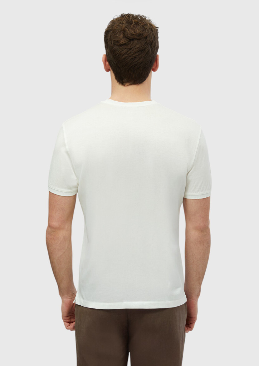 Beyaz Düz Bisiklet Yaka %100 Pamuk T-Shirt - 5