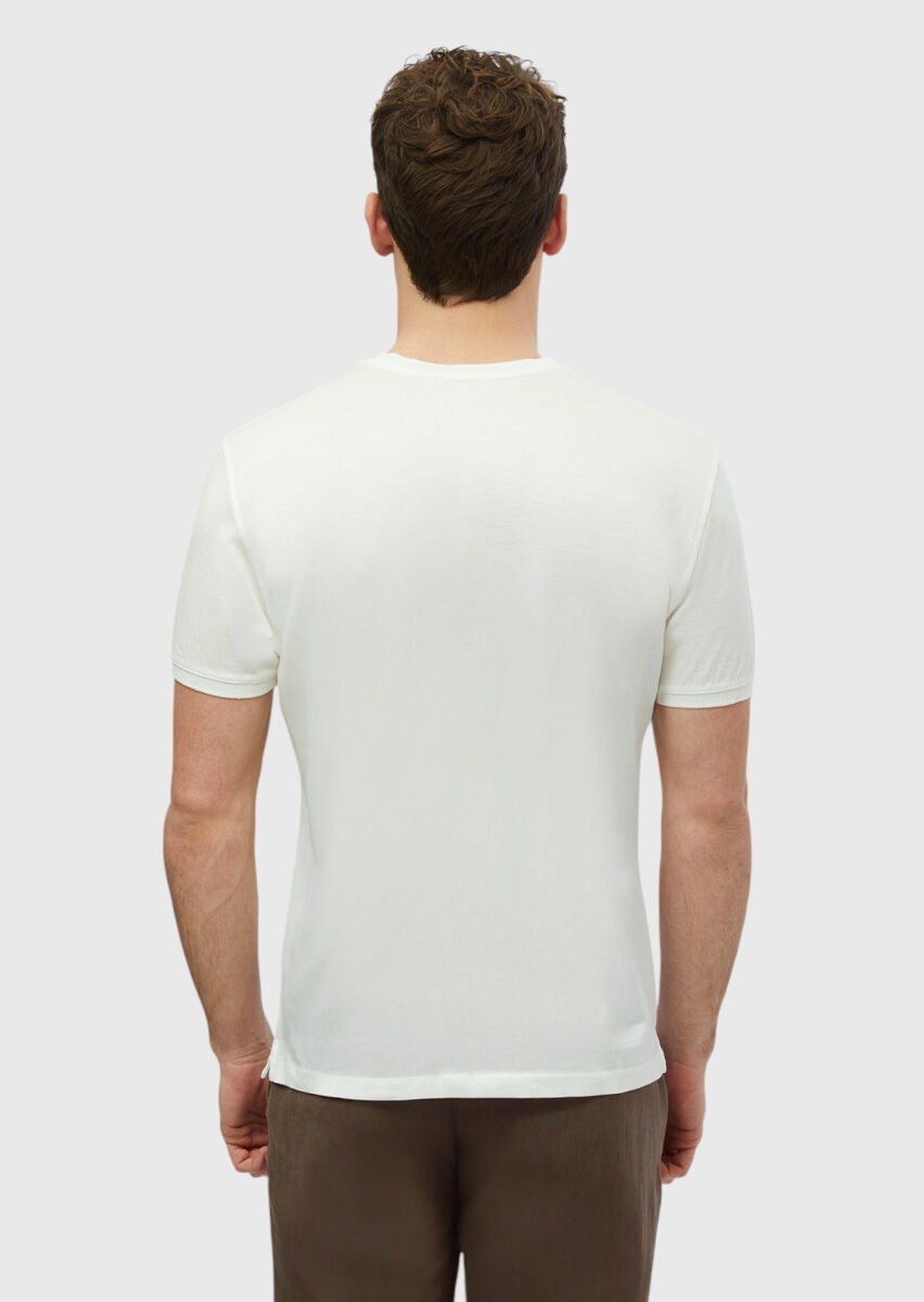 Beyaz Düz Bisiklet Yaka %100 Pamuk T-Shirt - 5