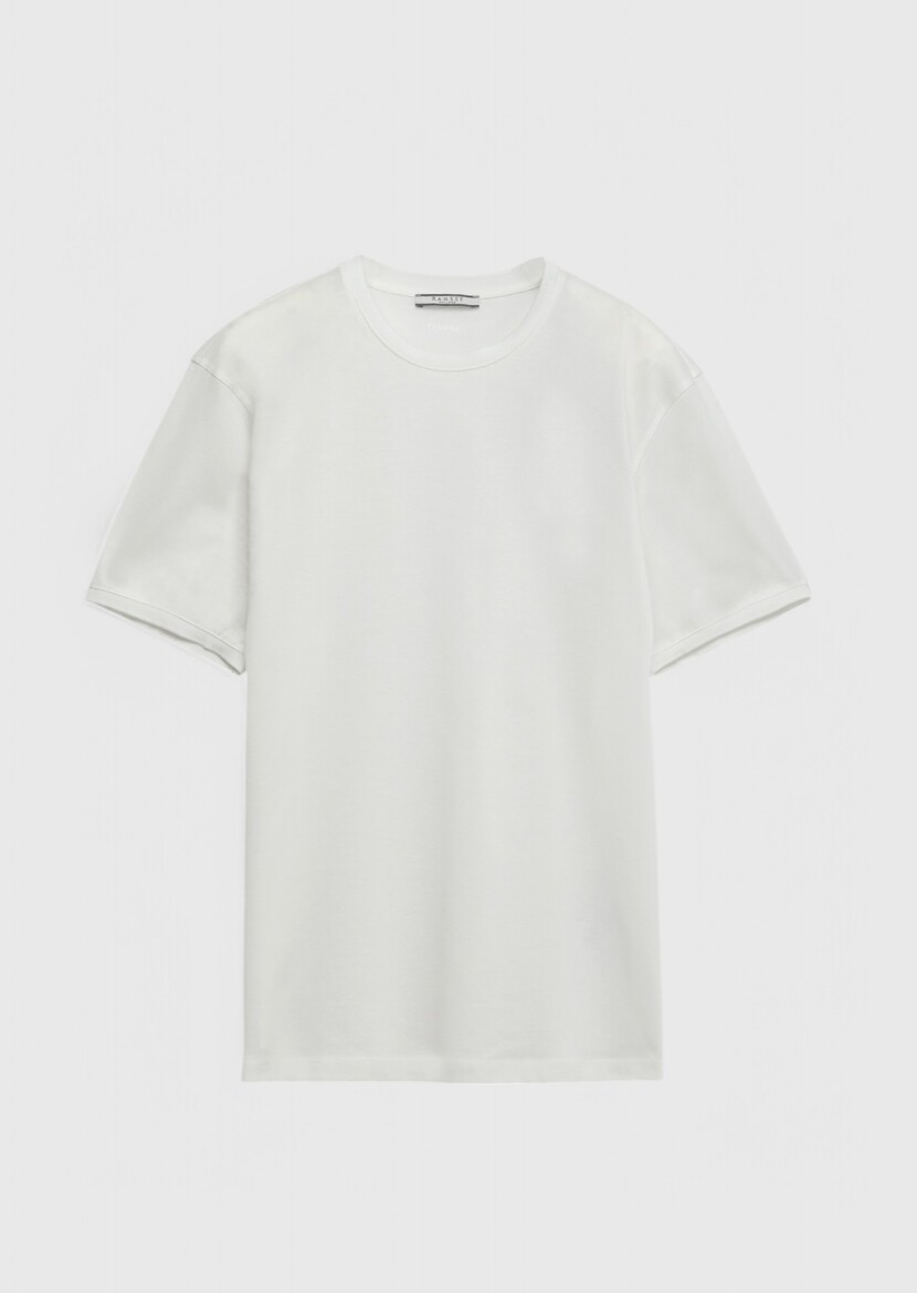 Beyaz Düz Bisiklet Yaka %100 Pamuk T-Shirt - 6