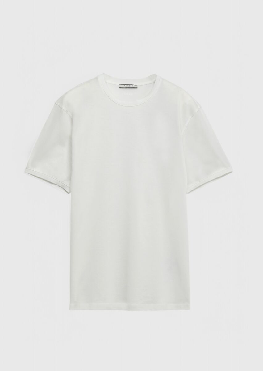 Beyaz Düz Bisiklet Yaka %100 Pamuk T-Shirt - 6