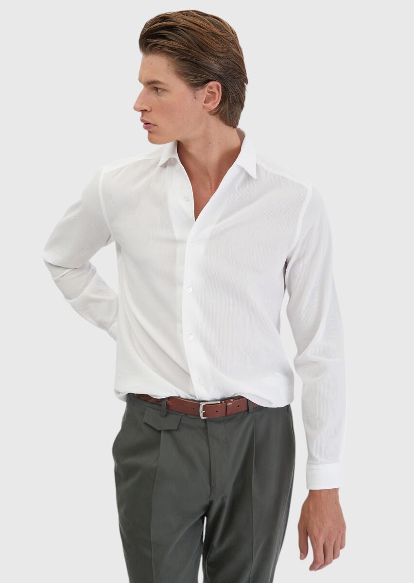 Beyaz Düz Casual Fit Dokuma Casual %100 Pamuk Gömlek - 3
