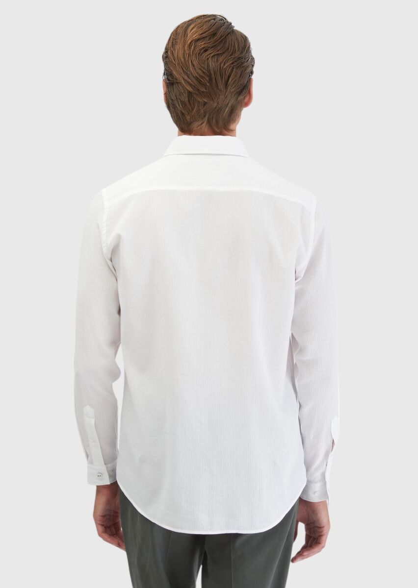 Beyaz Düz Casual Fit Dokuma Casual %100 Pamuk Gömlek - 6