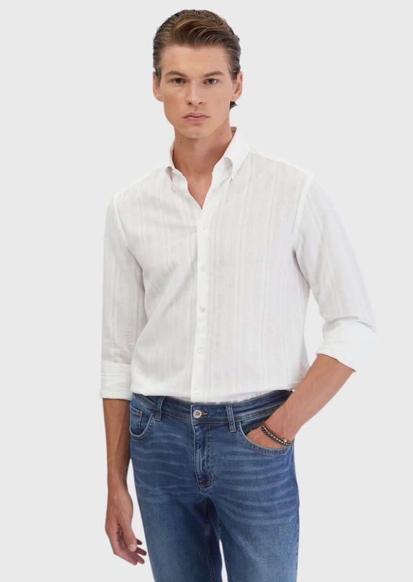 Beyaz Düz Casual Fit Dokuma Casual Pamuk Karışımlı Gömlek - 1