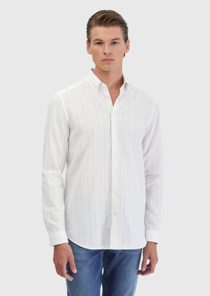 Beyaz Düz Casual Fit Dokuma Casual Pamuk Karışımlı Gömlek - 3