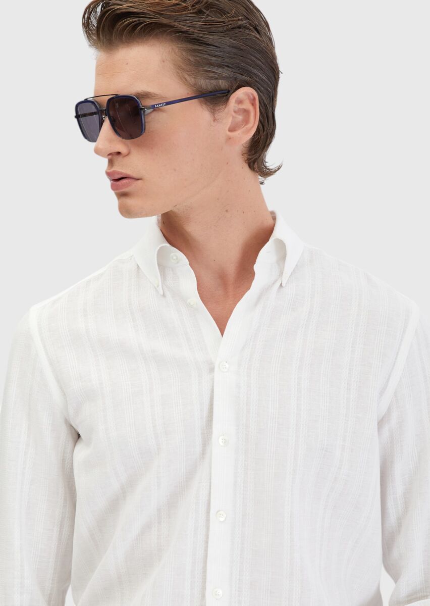 Beyaz Düz Casual Fit Dokuma Casual Pamuk Karışımlı Gömlek - 4