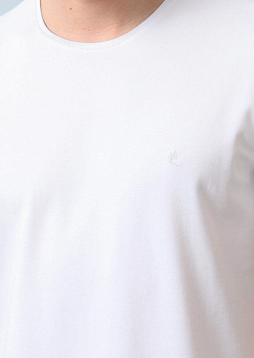 Beyaz Düz Pamuk Karışımlı T-Shirt 