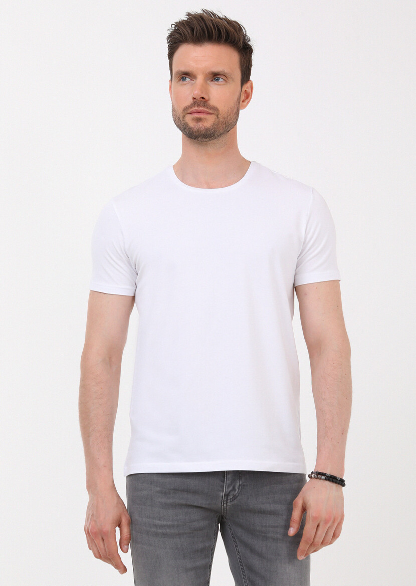 Beyaz Düz Pamuk Karışımlı T-Shirt - 1