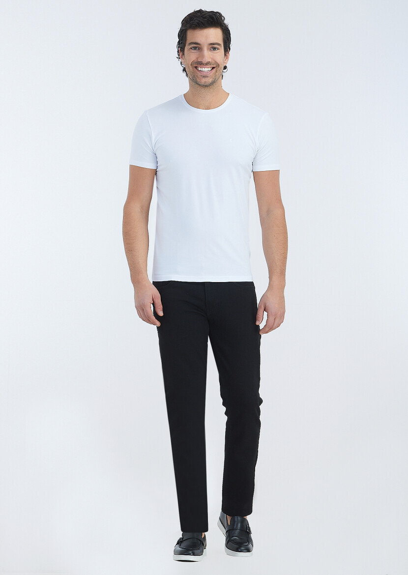 Beyaz Düz Pamuk Karışımlı T-Shirt 