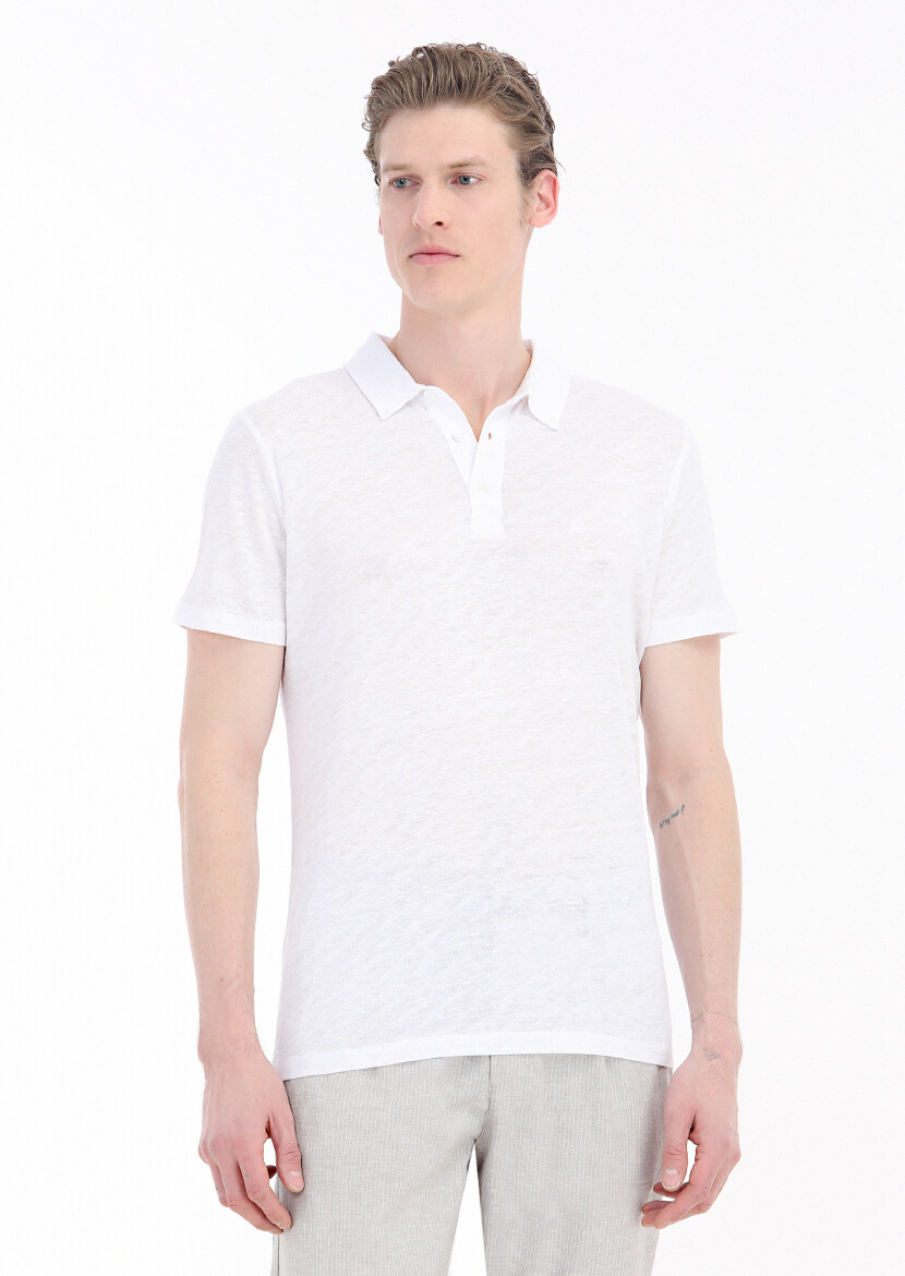 Beyaz Düz Polo Yaka %100 Keten T-Shirt 