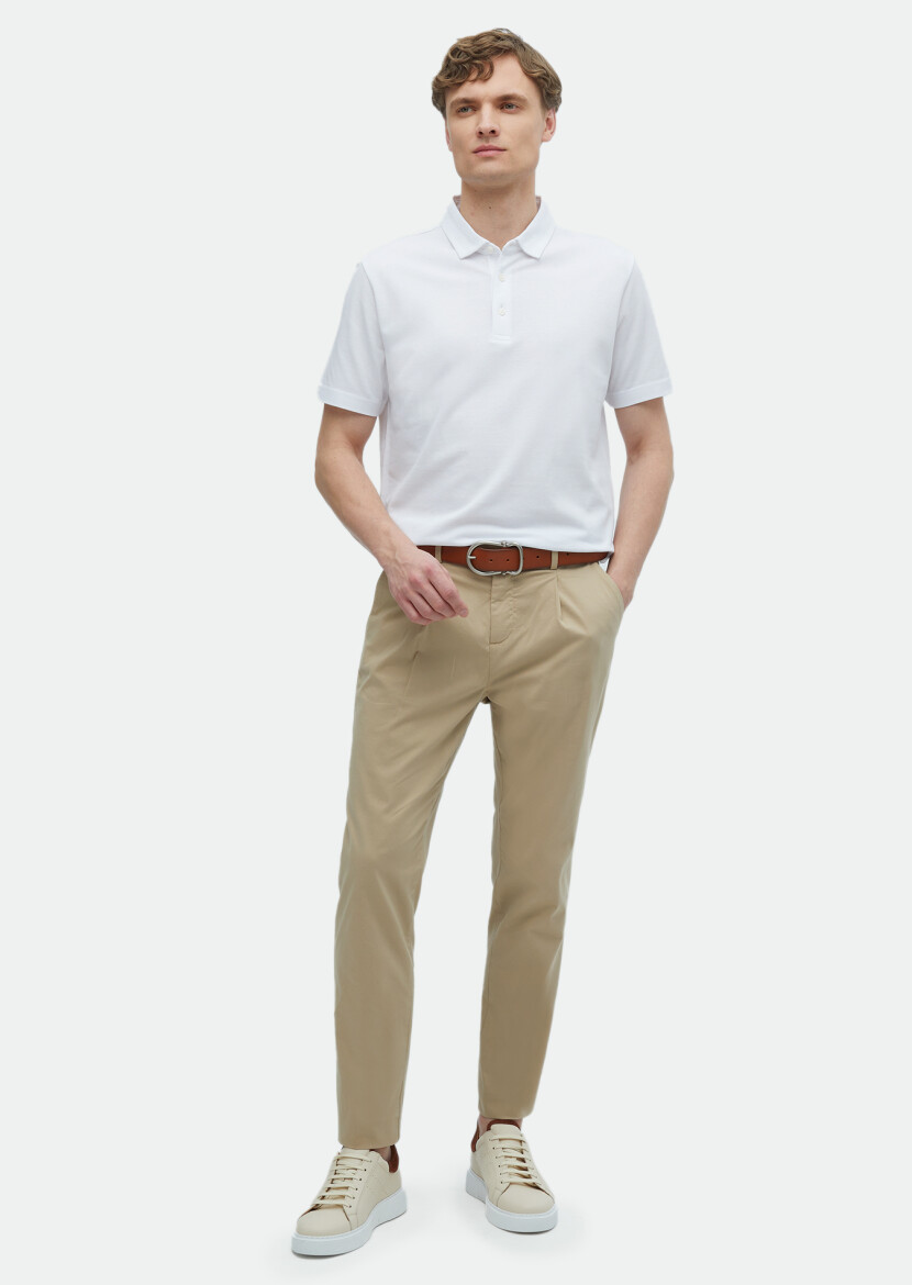 Beyaz Düz Polo Yaka %100 Pamuk T-Shirt 