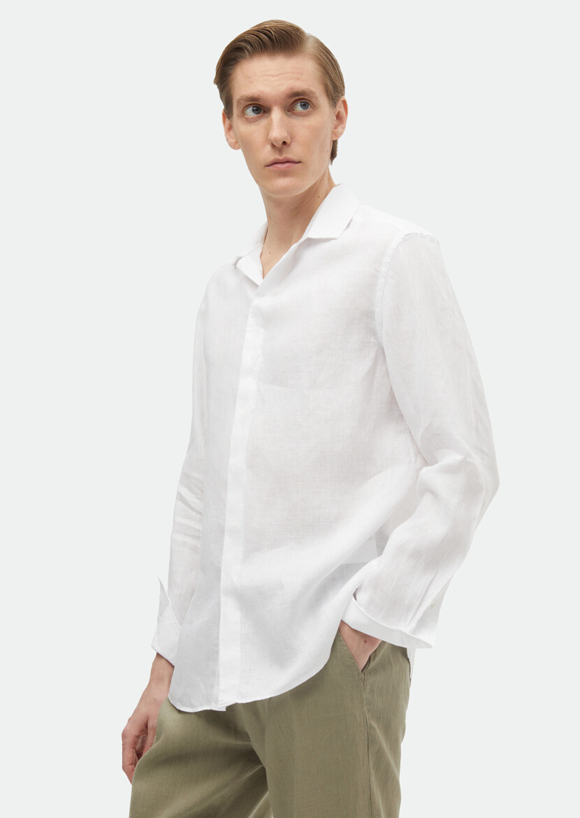 Beyaz Düz Regular Fit Dokuma Casual %100 Keten Gömlek 