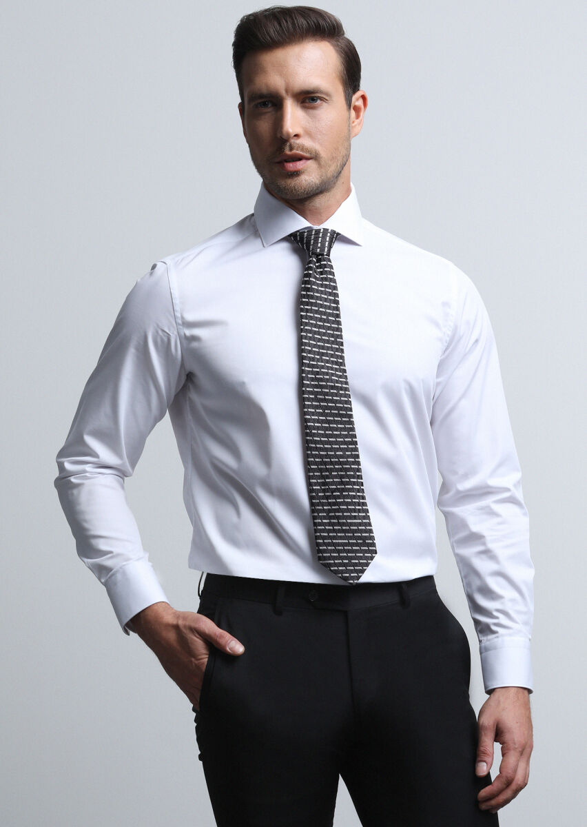 Beyaz Düz Regular Fit Dokuma Klasik Pamuk Karışımlı Gömlek - 4