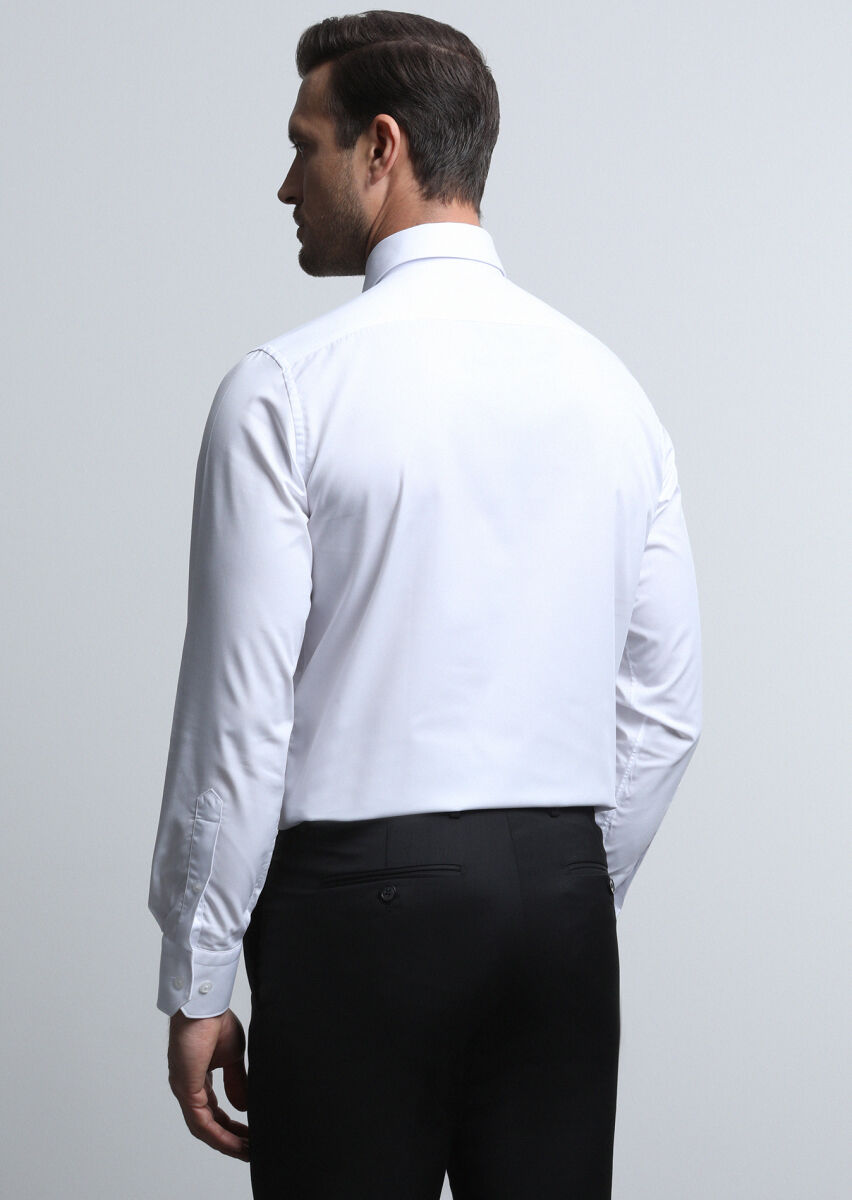 Beyaz Düz Regular Fit Dokuma Klasik Pamuk Karışımlı Gömlek - 5