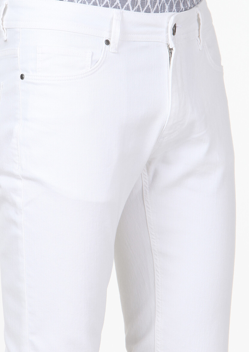 Beyaz Düz Slim Fit Denim Pamuk Karışımlı Pantolon - 3