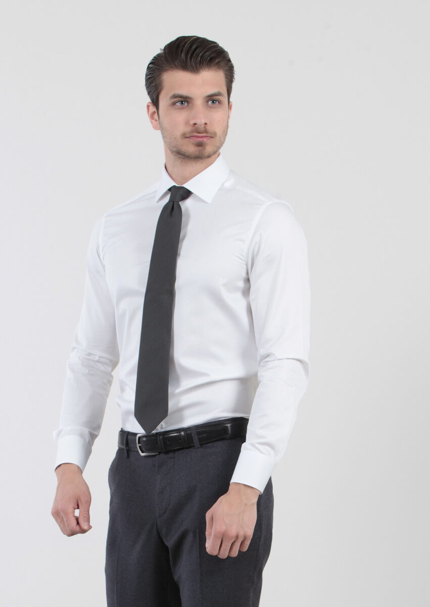 Beyaz Düz Slim Fit Dokuma Klasik %100 Pamuk Gömlek - 1