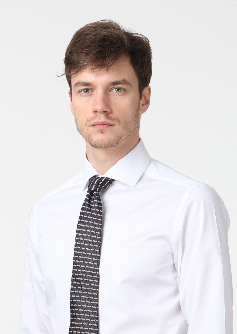 Beyaz Düz Slim Fit Dokuma Klasik %100 Pamuk Gömlek - 3