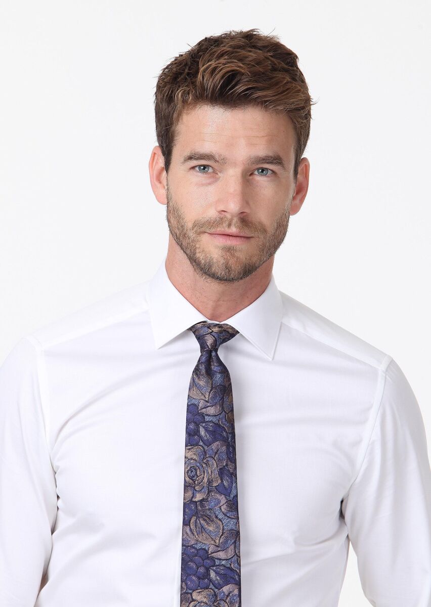 Beyaz Düz Slim Fit Dokuma Klasik %100 Pamuk Gömlek - 1