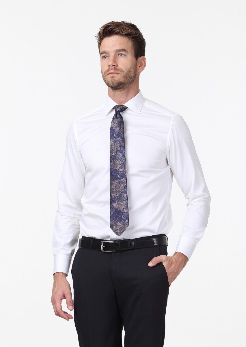 Beyaz Düz Slim Fit Dokuma Klasik %100 Pamuk Gömlek - 3