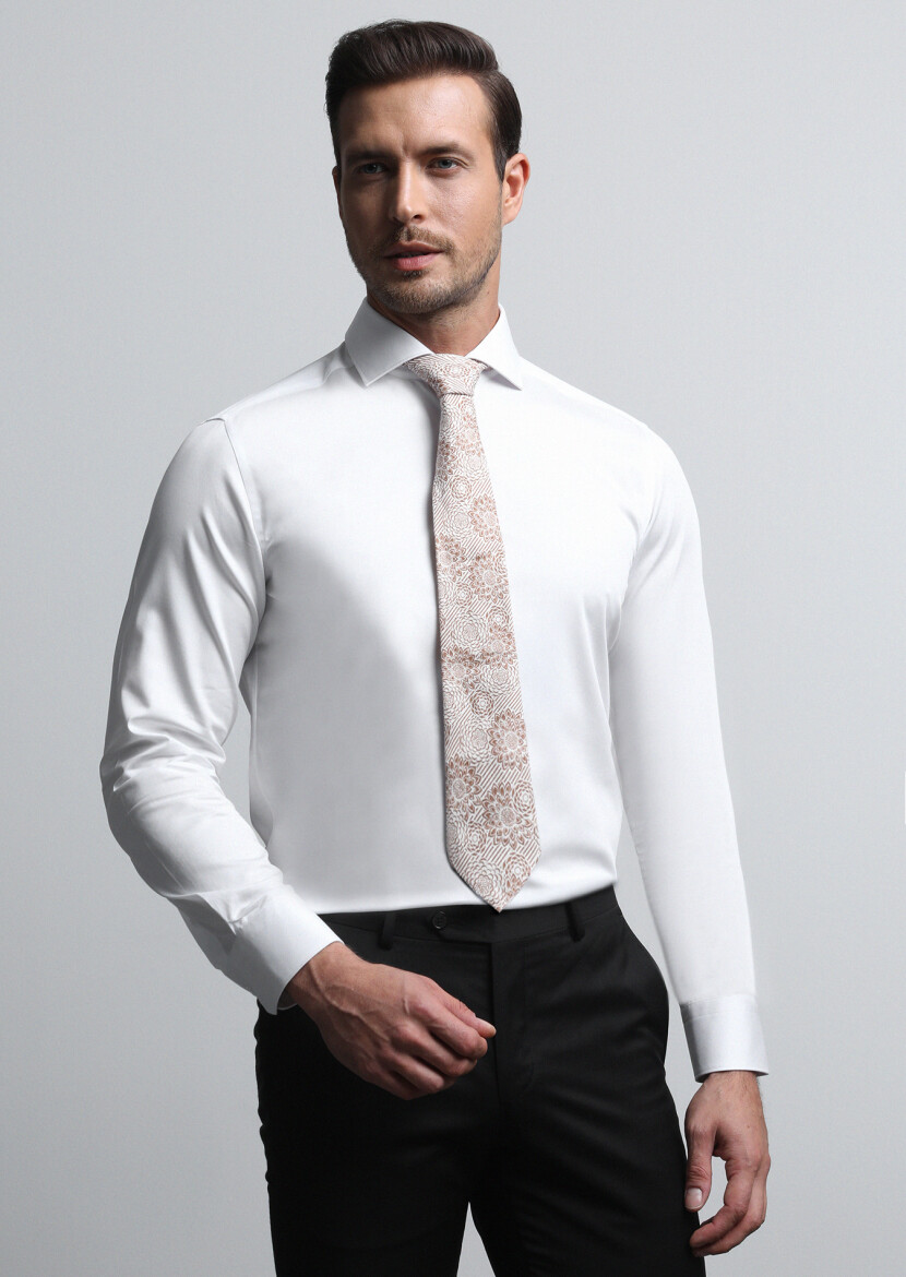 Beyaz Düz Slim Fit Dokuma Klasik %100 Pamuk Gömlek - 1