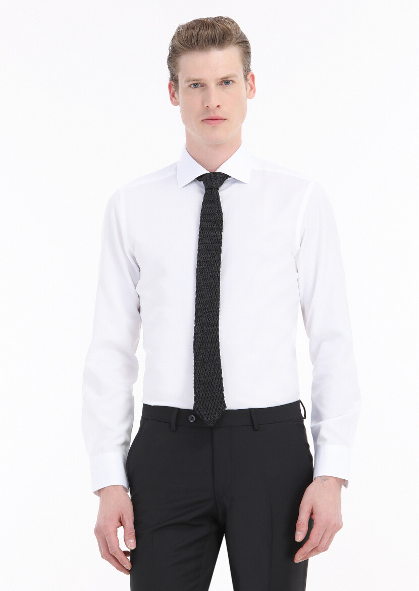 Beyaz Düz Slim Fit Dokuma Klasik Pamuk Karışımlı Gömlek 