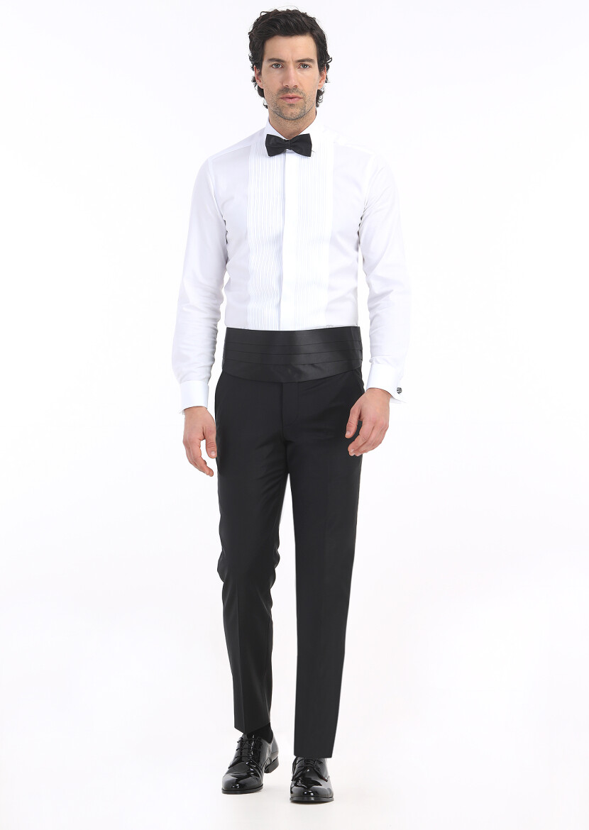 Beyaz Düz Slim Fit Duble Manşet Klasik Yaka Smokin Gömlek - 2