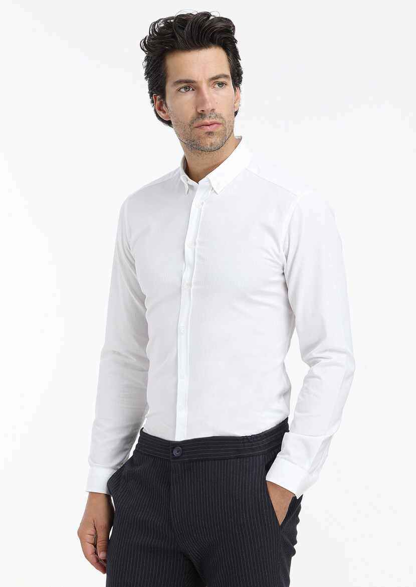 Beyaz Fitilli Regular Fit Dokuma Casual %100 Pamuk Gömlek 
