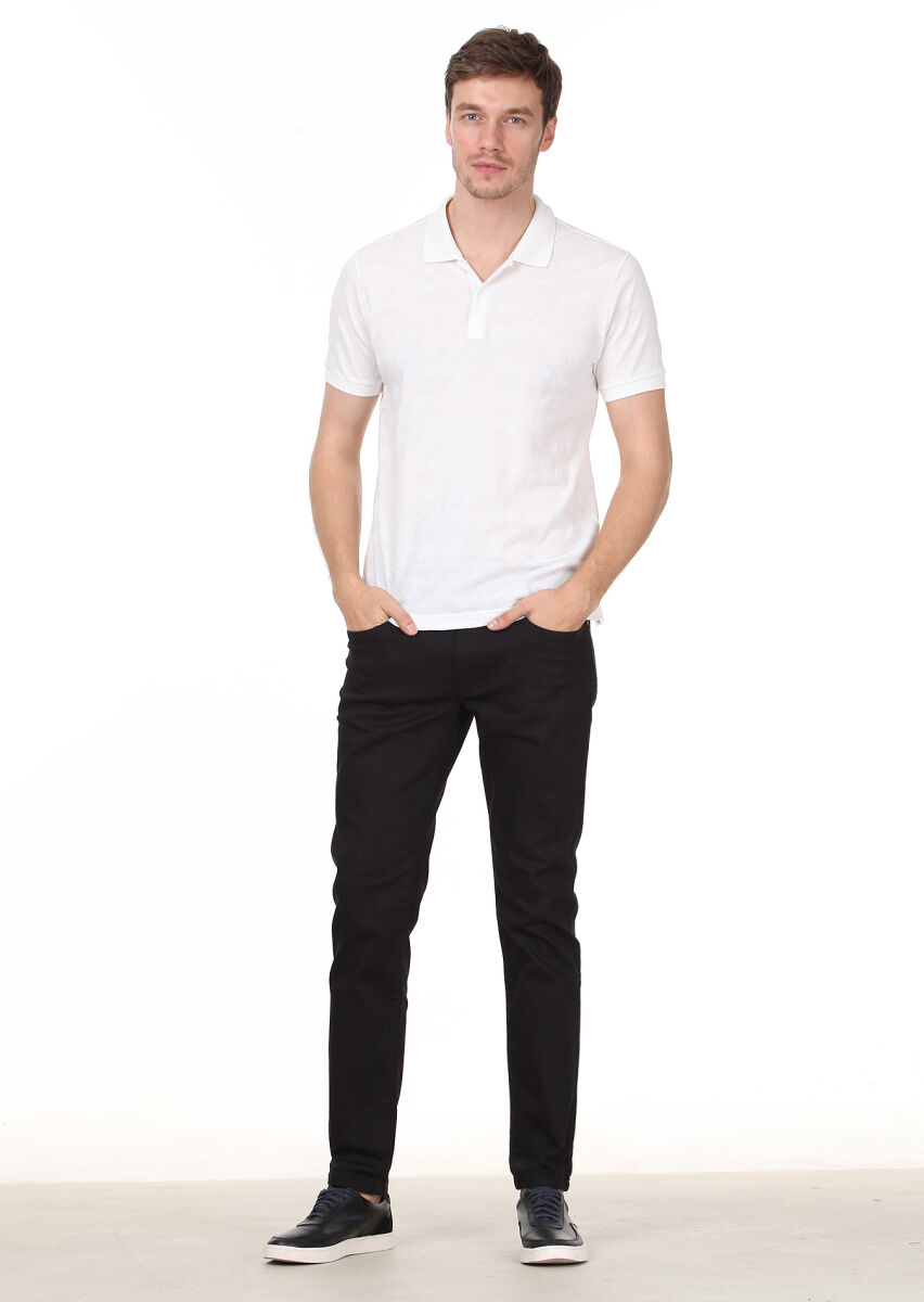 Beyaz Jakarlı Polo Yaka %100 Pamuk T-Shirt - 3