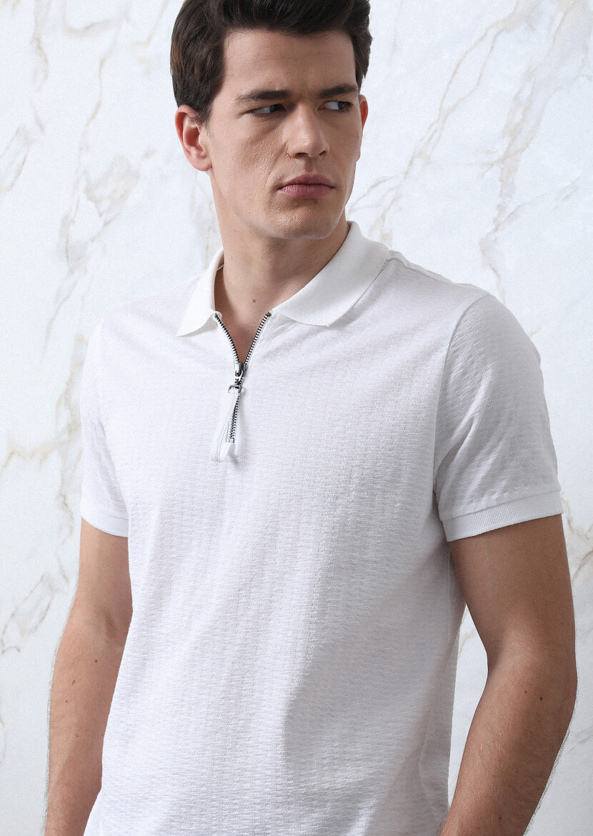 Beyaz Jakarlı Polo Yaka %100 Pamuk T-Shirt 
