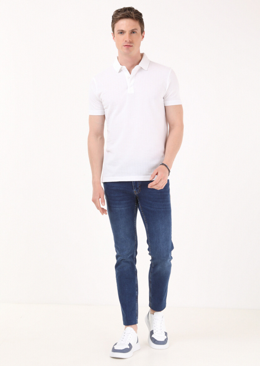 Beyaz Jakarlı Polo Yaka %100 Pamuk T-Shirt 