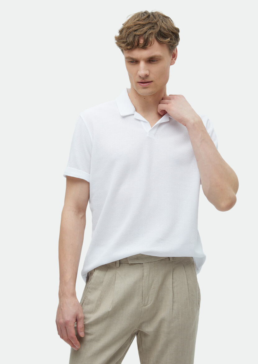 Beyaz Jakarlı Polo Yaka %100 Pamuk T-Shirt - 1