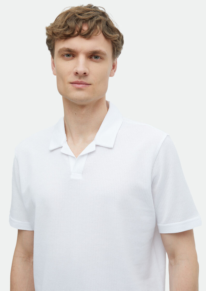 Beyaz Jakarlı Polo Yaka %100 Pamuk T-Shirt - 3