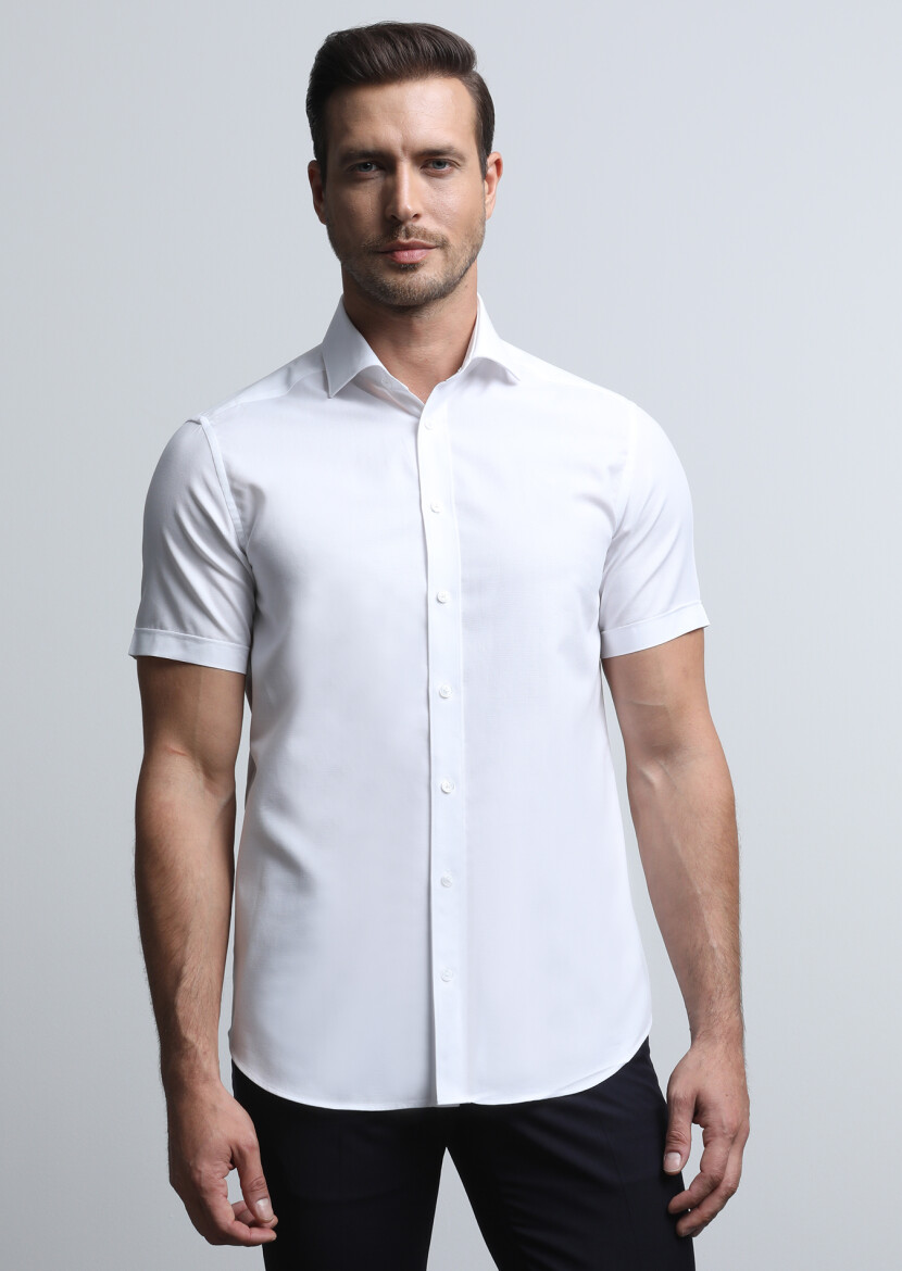 Beyaz Mikro Regular Fit Dokuma Klasik Pamuk Karışımlı Gömlek - 3