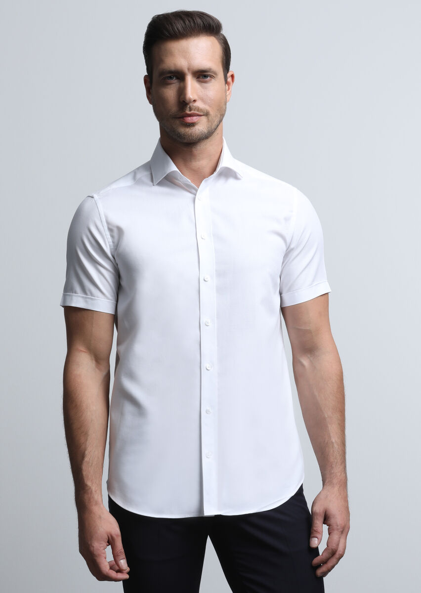 Beyaz Mikro Regular Fit Dokuma Klasik Pamuk Karışımlı Gömlek - 3